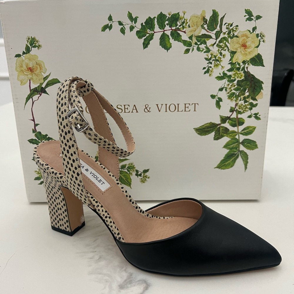 Chelsea & Violet Black and Cream Heels with Snake Print
